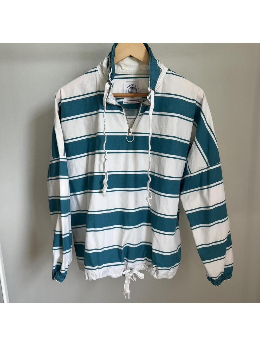 Urban Outfitters teal & white striped hooded quarter zip pullover in size Small